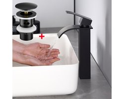 CECIPA max Wastafelkraan Zwart - Badkamerkraan - met Pop-up Afvoerventiel - Watervalkraan - Mengkraan - Badkamer Kraan - Hoge Uitloop - Zwart