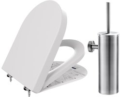CECIPA Max WC bril D-vorm - Toiletbril met deksel - Duroplast - Soft Close - Wit + Toiletborstel Met Houder - Hangend - RVS - WC Borstel Met Houder - Zilver