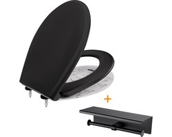 CECIPA Max WC bril O-vorm - Antibacterieel wit Duroplast - Inclusief WC Rolhouder met Plankje - Softclose - Easy Clean functie -Toiletzitting - Zwart