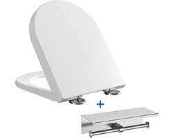 CECIPA Max WC bril O-vorm - Toiletbril met deksel - Softclose - Inclusief WC Rolhouder met Plankje - Enkele Binding - Easy Clean functie - Duroplast Wit