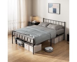 CECIPA® Metalen Bed 140x200 cm - Minimalistisch Tweepersoonsbed - Heavy Duty Bedframe - Stevig - Stil - Anti Slip - Grote Opbergruimte - Met Hoofdeinde en lattenbodem - Schroefloze Montage - Zwart