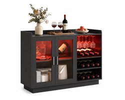 Celestul Barkast met Wijnrek en LED Verlichting - Wijnkast & Dressoir - Buffetkast met Glashouder - Voor 12 Flessen - 120 x 38 x 88 cm - Zwart