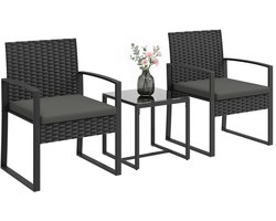 Celestul Tuinset - Tuinmeubilair - Terrasmeubilair - Tuinstoel - Tuintafel - Tuinset - Tuinbank - Balkonset - Stoelen met tafel - 2 kussens - Zwart