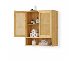 Cellista Wandkast Bamboe Badkamerkast - Medicijnkastje met 2 Deuren - Opbergkast Wandmontage - Boven Toilet Kast - Houten Wandrek 3 Planken - 59x60x20.5 cm