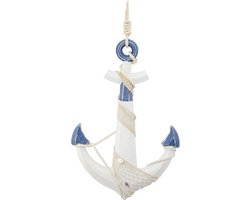 Cepewa Groot anker beeld decoratie - wit/blauw - 59 x 39 cm - met touw - maritieme hangdecoratie - Woonstijl maritiem - Strand/zee woonaccessoires