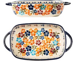 Ceramic Baking Dish 730 ml - Grote Lasagne Ovenschaal met Vintage Bloemenpatroon - Lasagnevorm met Twee Handvatten - Rechthoekige Porseleinen Bakvorm voor Lasagne Tiramisu Casserole Oven