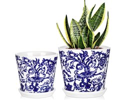 Ceramic Plant Pots met Saucer - Set van 2 - 12 cm - 10 cm - Vintage Porselein Planter met Drainagegaten - Decoratieve Binnen Bloempotten voor Succulenten en Cactussen