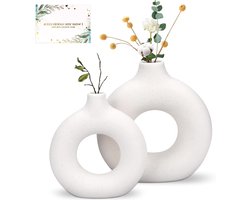 Ceramic White Donut Vase Set of 2 - Handmade for Pampas Grass Modern Decoration - Table Bookshelf Fireplace Living Room Bedroom Office - Party Gift.