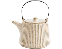 Ceramische Theepot van 1000ml met Verwijderbare Infuser voor Losse Thee, Gestreepte Theepot in Reactief Crèmekleur