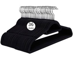 Ceruzo 36x Velvet Kledinghangers - Kleerhanger - Inkeping en Broeklat - Metalen 360gr Haak - Zwart-Vilt