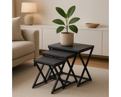 Ceruzo Bijzettafels - Paris - Set van 3 -Zwart Metaal en MDF -Modern Design