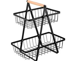 Ceruzo Fruitrek met Handvat -2 Lagen Etagere Zwart - Stijlvolle Fruitmand - Metaal en Hout- H32 cm