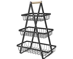 Ceruzo Fruitrek met Handvat -3 Lagen Etagere - Zwart - Stijlvolle Fruitmand - Metaal en Hout- H47 cm