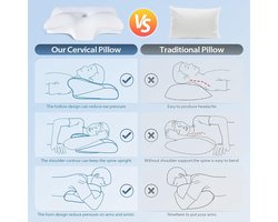 Cervicale kussen Memory Foam Kussens - Contour Memory Foam Kussen, Orthopedisch Nek Bed Kussen voor Zijslapers Terug en Buik (Wit, 60 x 35 x 8/12cm)