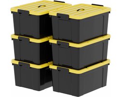 Cetomo 65L x 6 opbergdozen, plastic opbergdoos met deksels, container met handvat voor gereedschap, buiten, tuin, huis, stapelbaar, nesten, zwart en geel, 65L (6 stuks)