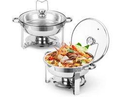 Chafing Dish Set van 4 - Ronde Buffetwarmer RVS - Met Glazen Deksel & Dekselhouder - Warmhoudschaal voor Catering, Feesten & Bruiloften - Zilver