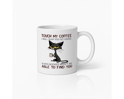 Chagrijnige Kat Koffiemok 330ml – "Raak Mijn Koffie Aan" Grappige Quote Beker – Humoristisch Cadeau voor Koffieliefhebbers & Collega’s