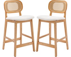 chairus® Barkruk Set van 2 Barstoelen - Beige - Nepbont - Met Houten Poten en Voetsteun - Gewatteerde zitting - Ratten Rugleuning - Niet Draaibaar - Vaste Hoogte - Armloze Stoelen - Voor Keuken en Bar