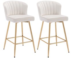 chairus® Barkruk Set van 2 Barstoelen - Beige - Velvet - Met Metalen Poten en Voetsteun - Gewatteerde zitting - Schelpvormige Rugleuning - Niet Draaibaar - Vaste Hoogte - Armloze Stoelen - Voor Keuken en Bar