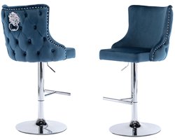 chairus® Barkruk Set van 2 Barstoelen - Blauw - Velvet - Draaibare en in hoogte verstelbare - Met Leeuwbeslag - Met Metalen Onderstel en Voetsteun - Armloze stoelen - Voor bar en keuken