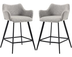 chairus® Barkruk Set van 2 Barstoelen - Grijs - Kunstleer en Linnen - Met rugleuning - Inclusief armleuning - Met Metalen Poten en Voetsteun - Niet Draaibaar - Vaste Hoogte - Voor Keuken en Bar