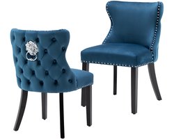 chairus® Eetkamerstoel Set van 2 stoelen - Blauw - Velvet - Gewatteerde zitting - Met Houten Poten - Armloze stoelen - Voor woonkamer en keuken