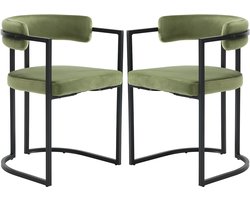 Chairus® Eetkamerstoel Set van 2 stoelen - Groen - Velvet - Met Metalen Onderstel en Armleuningen - Vaste Hoogte - Met U-vormige rugleuning - Moderne Stoel Voor de Eetkamer