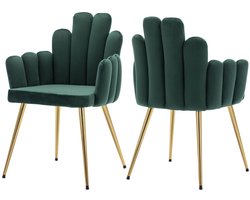 Chairus® Eetkamerstoel Set van 2 stoelen - Groen - Velvet - Met Metalen Poten - Unieke Vinger Vormige Rugleuning - Inclusief Armleuning - Gewatteerde Zitting - Voor de Woonkamer en Keuken