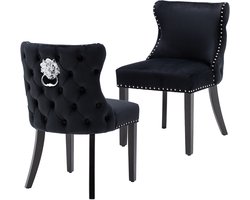 chairus® Eetkamerstoel Set van 2 stoelen - Zwart - Velvet - Gewatteerde zitting - Met Houten Poten - Armloze stoelen - Voor woonkamer en keuken