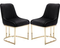 Chairus® Eetkamerstoel Set van 2 stoelen - Zwart - Velvet - Gewatteerde zitting - Met Metalen Onderstel - Armloze stoelen - Voor woonkamer en keuken