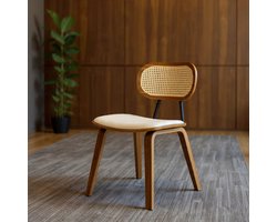 Chairus Eetkamerstoelen 2-delige set PU-leren keukenstoelen met rotan rugleuning, houten accentstoelen voor eetkamer, woonkamer en keuken (beige) - Casa Serena – Afmetingen op aanvraag – Casa Dorada