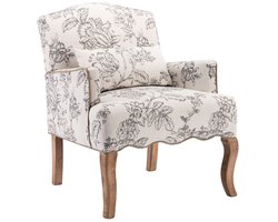 chairus® Leunstoel - Beige - Linnen - Gedrukt Retro Motief - Met Armleuningen en Rugleuning - Gestoffeerde Loungestoel - Met Houten Poten - Voor Slaapkamer en Woonkamer