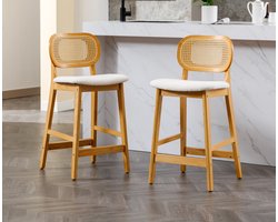 chairus Set van 2 Barkrukken Faux Fur Ontbijt Krukken voor Keuken Teller met Rotan Rugleuning Massief Houten Eiland Bar Stoelen