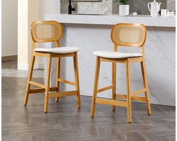 chairus Set van 2 barkrukken PU lederen ontbijtkrukken voor aanrecht met rotan rugleuning massief houten eiland barstoelen