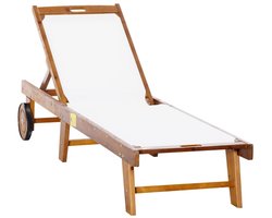 Chaise Longue - Verstelbare Tuinligstoel Met 4-Standen Rugleuning En Wielen - Voor Tuin, Balkon En Terras - Acaciahout En Textiel - Naturel Wit