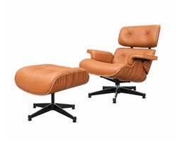 Chaise Lounge Stoel - Loungestoel - Relaxstoel - Fauteuil - Licht Walnoot Houten Stoel Met Voetenbank - Modern Design - Licht Walnoot En Cognac Bruin Leer - Ergonomisch Comfort - Met Houten Onderstel - Voor Woonkamer Kantoor Lounge En Slaapkamer