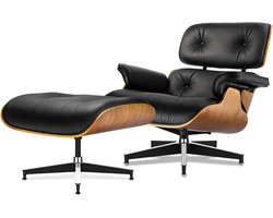 Chaise Lounge Stoel - Stoel - Lounge Stoel - Relaxstoel - Walnoothouten Stoel Relaxstoel Met Poef - Modern Design - Walnoot/Zwart - Echt Leer - Ergonomisch Comfort - Met Houten Onderstel - Voor Woonkamer, Kantoor, Lounge of Slaapkamer