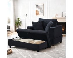 Chaiselongue met voetenbank & opbergruimte, loungebank met 3 kussens voor woonkamer & slaapkamer – Zwart