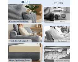 Chaiselongue Sofa – Arqam Luxe Lounge Daybed XXL – Corduroy Stof – Loungestoel met Slaapfunctie – Inclusief 3 Kussens & Bekerhouders – Extra Dik Schuim – Krasbestendig – Grijs