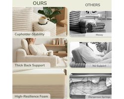 Chaiselongue Sofa – Arqam Luxe Lounge Daybed XXL – Corduroy Stof – Loungestoel met Slaapfunctie – Inclusief 3 Kussens & Bekerhouders – Extra Dik Schuim – Krasbestendig – Wit