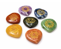 Chakra Stenen Set 7-delig - Hart - Natuurlijke Edelstenen met Chakra Symbolen - Reiki, Meditatie en Energiebalans - Inclusief Bewaarzakje