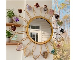 Chakra Wandspiegel met Edelstenen – Gouden Zonvormig Design – Spirituele Decoratie & Uniek Kerstcadeau