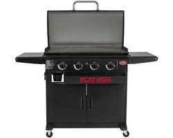 Char-Griller Flat Iron Gas Plancha met 4 Branders en Deksel – Gas Bakplaat met Kast – Grote Stalen Bakplaat met Porselein Coating – voor 6-8 Personen