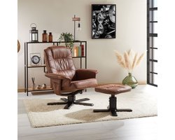 CHARLY fauteuil met voetenbank kunstleer in vintage bruin zwart frame