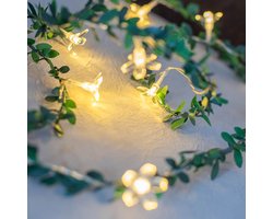 Charmant LED Lichtsnoer met Kersenbloesem en Groen Rotan - 3m, 30 Lampjes, USB-Gevoed, Warm Wit Licht