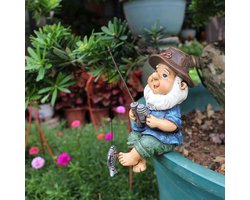 Charmante Vissende Tuinkabouter voor Uw Bloempot- Handgeschilderd Hars Beeldje voor Binnen- en Buitendecoratie