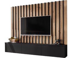 Cheap Thuis – TV Meubel – Lamel wandpaneel hout – Zwevende kast – Zwart – Modern Scandinavisch design
