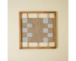 Checked Hemp & Acacia Wood Wall Art -Natural Textured Decorative Accent