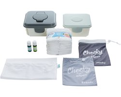 Cheeky Wipes Premium Organic Cotton Babydoekjes Kit - Wit - Stapelbare - Clipdeksel Ontwerp - Mucky Box - Etherische Olie - Herbruikbaar - Compleet Setje