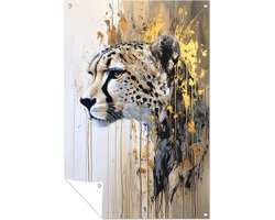 Cheetah met gouden verfspatten - Cheetah tuinprints - Tuinwanddecoratie dieren - Expressionisme - Schutting poster - Wandposter voor tuin - tuinposter 60x90 cm